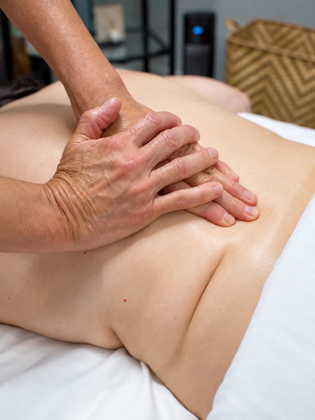 Two stacked hands working into the lower back in the treatment room